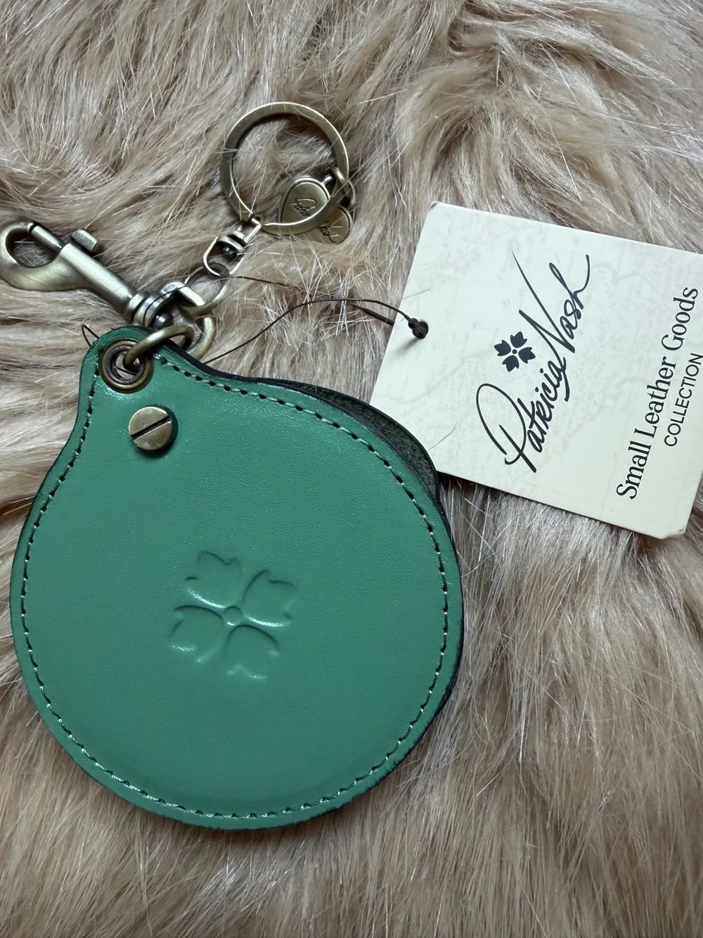 NWT High End Patricia Nash Green Leather Rose Keychain Bag Charm
